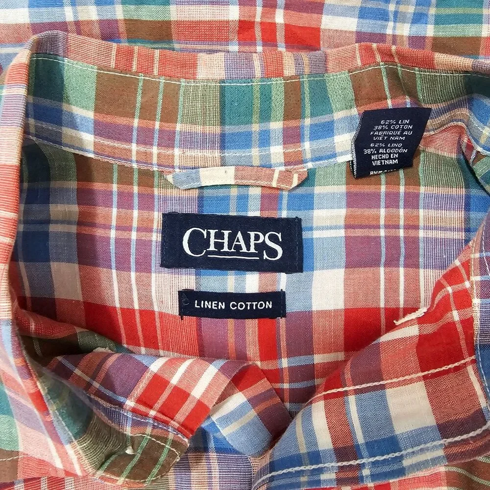 Ralph Lauren Chaps Linen Blend Colorful Plaid Shirt Mens Sz L Preppy Work Casual - Picture 7 of 9
